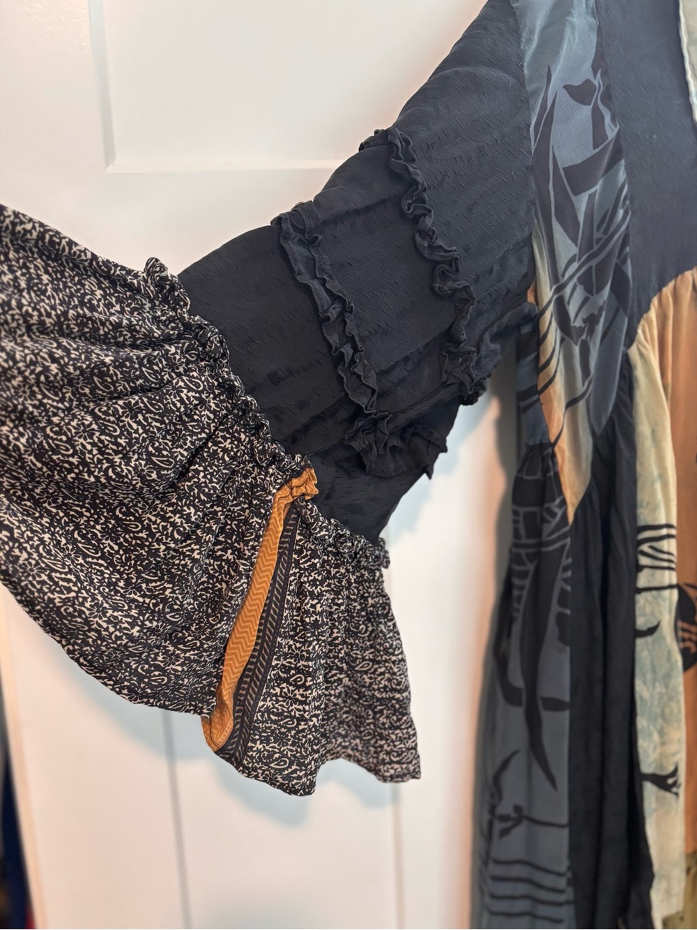 Kantha Bae Boho Mixed-Panel Long Sleeve Dress in Black, Olive & Gray - Picture 3 of 7